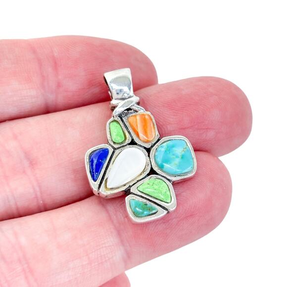 Vintage Southwest Sterling Silver 925 Multi-Gemstone Cross Pendant - Picture 1 of 6